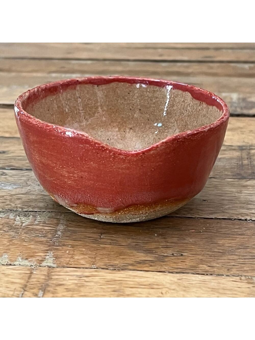 Small Stoneware Bowl Spout 3.25 in Orange Red Drip Glaze Signed Sofie